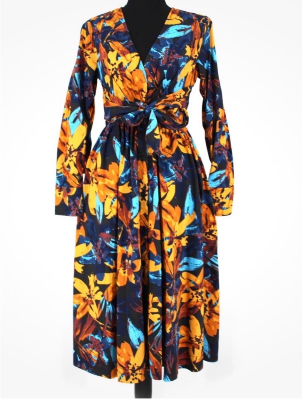 Marissa Webb Navy Midi Wrap Dress with Yellow & Blue Floral Print